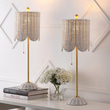 Celerie 27.5" Coastal Bohemian Rattan/Iron Scalloped Buffet LED Table Lamps with Pull Chain (Set of 2)